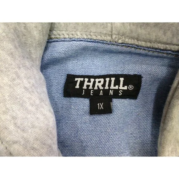 Distressed Denim Hooded Jacket With Playful Rips & Layered Style 1X Thrill Jeans - Picture 4 of 13